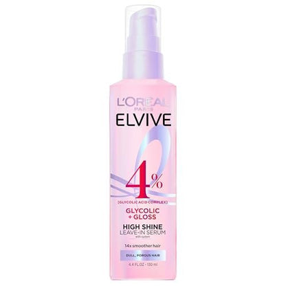 L'Oreal Paris Elvive Glycolic + Gloss High Shine Leave-In Hair Serum, Smooths Dull, Porous Hair, 4.4 Fl Oz