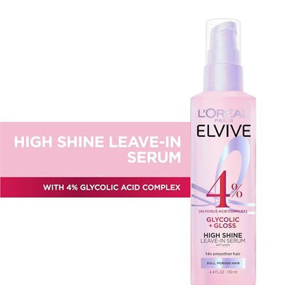 L'Oreal Paris Elvive Glycolic + Gloss High Shine Leave-In Hair Serum, Smooths Dull, Porous Hair, 4.4 Fl Oz