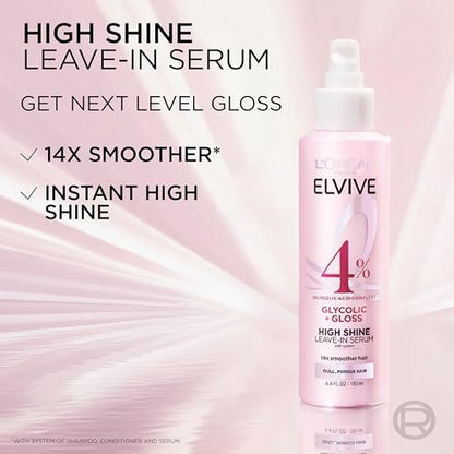 L'Oreal Paris Elvive Glycolic + Gloss High Shine Leave-In Hair Serum, Smooths Dull, Porous Hair, 4.4 Fl Oz