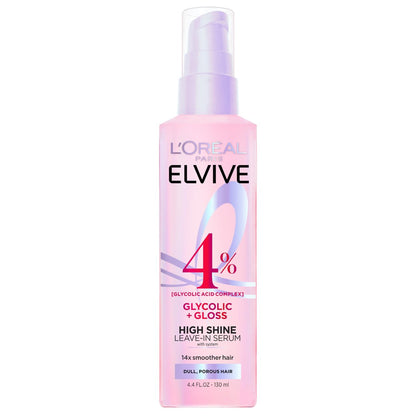 L'Oreal Paris Elvive Glycolic + Gloss High Shine Leave-In Hair Serum, Smooths Dull, Porous Hair, 4.4 Fl Oz