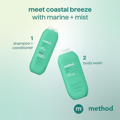 Method Men 2-in-1 Shampoo and Conditioner, Marine + Mist, 14 oz – Cleans and Conditions with Argan and Jojoba Oil, Paraben Free