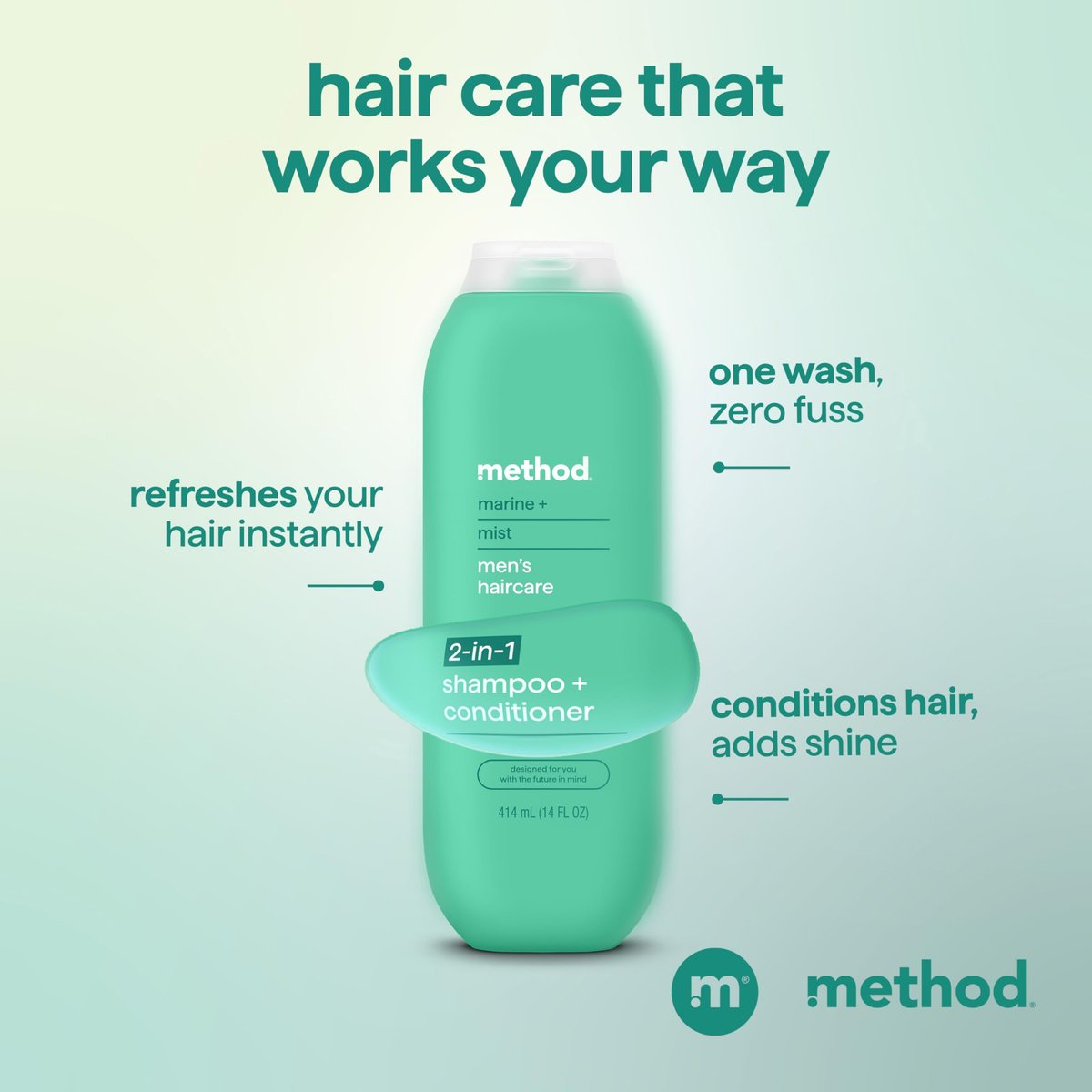Method Men 2-in-1 Shampoo and Conditioner, Marine + Mist, 14 oz – Cleans and Conditions with Argan and Jojoba Oil, Paraben Free - görsel 7