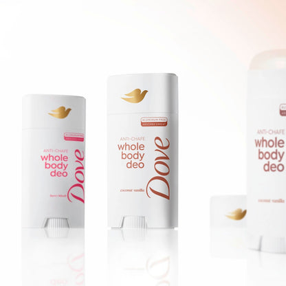 Dove Whole Body Deo Aluminum Free Anti-Chafe Deodorant Stick for Women, Coconut Vanilla, 2.4 oz