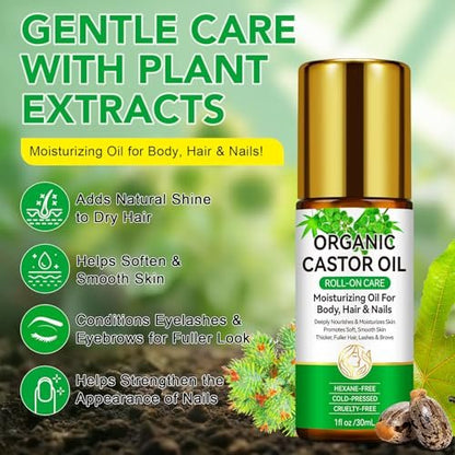 Acorn + Oak Organic Castor Oil 1 fl.oz – 100% Pure Cold Pressed for Hair Growth, Eyebrows & Eyelashes – Natural Moisturizer for Skin & Nails – Roll-On Glass Bottle