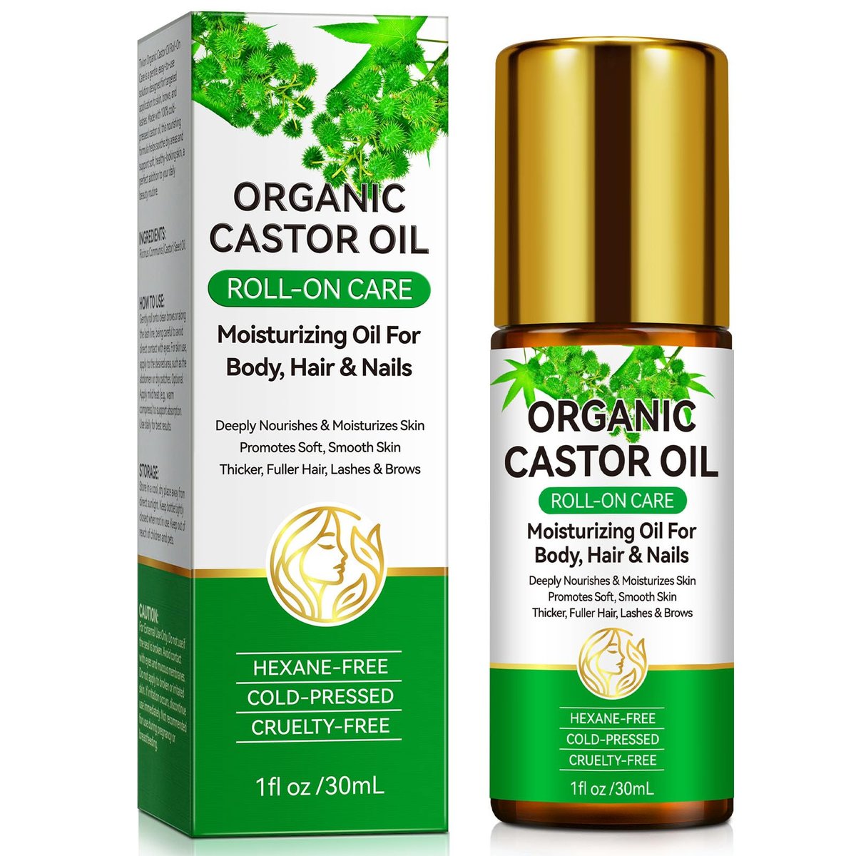 Acorn + Oak Organic Castor Oil 1 fl.oz – 100% Pure Cold Pressed for Hair Growth, Eyebrows & Eyelashes – Natural Moisturizer for Skin & Nails – Roll-On Glass Bottle - görsel 1
