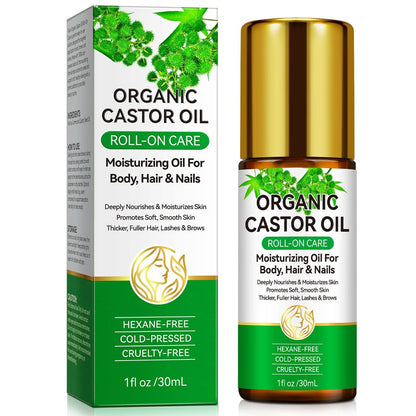 Acorn + Oak Organic Castor Oil 1 fl.oz – 100% Pure Cold Pressed for Hair Growth, Eyebrows & Eyelashes – Natural Moisturizer for Skin & Nails – Roll-On Glass Bottle