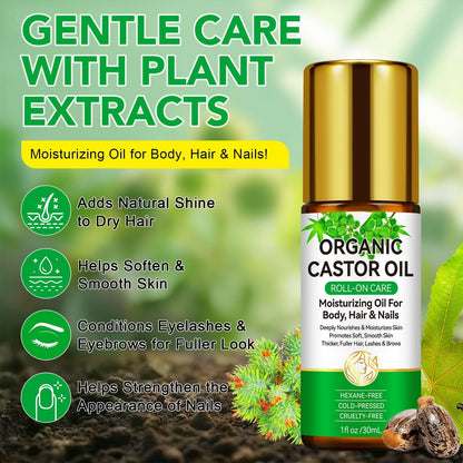 Acorn + Oak Organic Castor Oil 1 fl.oz – 100% Pure Cold Pressed for Hair Growth, Eyebrows & Eyelashes – Natural Moisturizer for Skin & Nails – Roll-On Glass Bottle