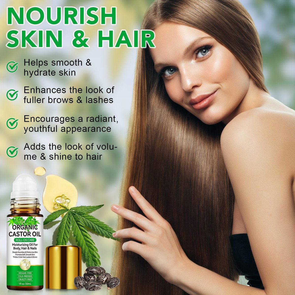 Acorn + Oak Organic Castor Oil 1 fl.oz – 100% Pure Cold Pressed for Hair Growth, Eyebrows & Eyelashes – Natural Moisturizer for Skin & Nails – Roll-On Glass Bottle - görsel 5