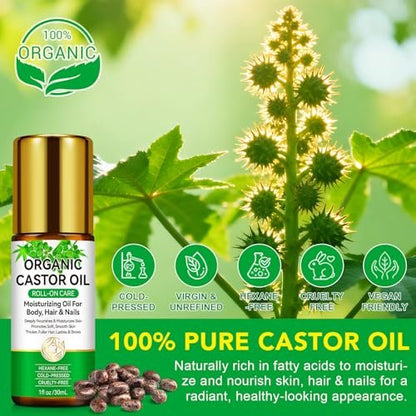 Acorn + Oak Organic Castor Oil 1 fl.oz – 100% Pure Cold Pressed for Hair Growth, Eyebrows & Eyelashes – Natural Moisturizer for Skin & Nails – Roll-On Glass Bottle
