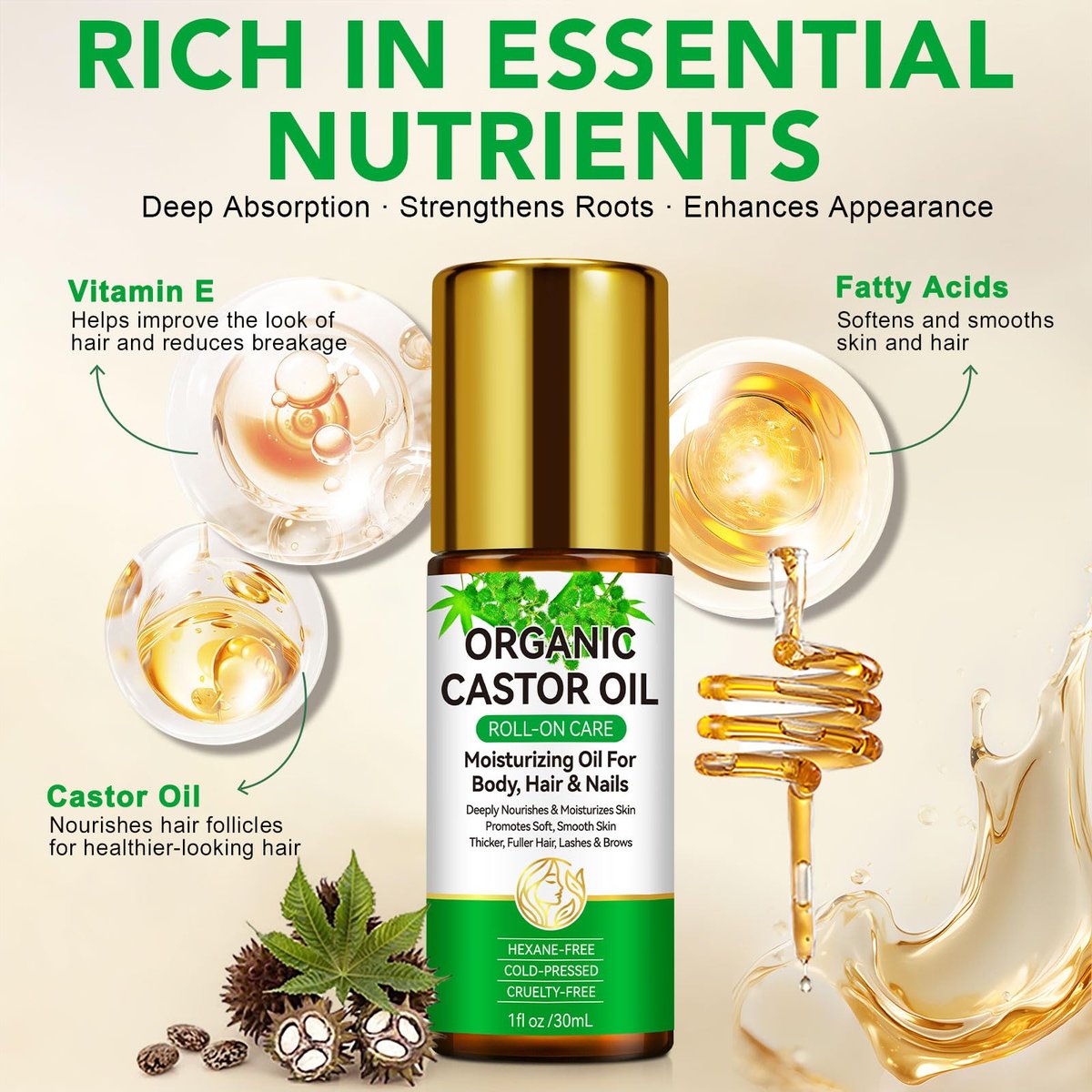 Acorn + Oak Organic Castor Oil 1 fl.oz – 100% Pure Cold Pressed for Hair Growth, Eyebrows & Eyelashes – Natural Moisturizer for Skin & Nails – Roll-On Glass Bottle - görsel 13