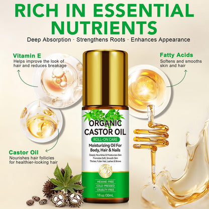 Acorn + Oak Organic Castor Oil 1 fl.oz – 100% Pure Cold Pressed for Hair Growth, Eyebrows & Eyelashes – Natural Moisturizer for Skin & Nails – Roll-On Glass Bottle
