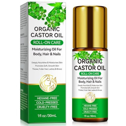 Acorn + Oak Organic Castor Oil 1 fl.oz – 100% Pure Cold Pressed for Hair Growth, Eyebrows & Eyelashes – Natural Moisturizer for Skin & Nails – Roll-On Glass Bottle