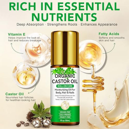 Acorn + Oak Organic Castor Oil 1 fl.oz – 100% Pure Cold Pressed for Hair Growth, Eyebrows & Eyelashes – Natural Moisturizer for Skin & Nails – Roll-On Glass Bottle