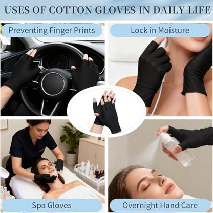 3 Pairs Fingerless Cotton Gloves, Black Moisturizing Gloves for Eczema, Cut 5 Fingertips Overnight Hydration for Dry Hands