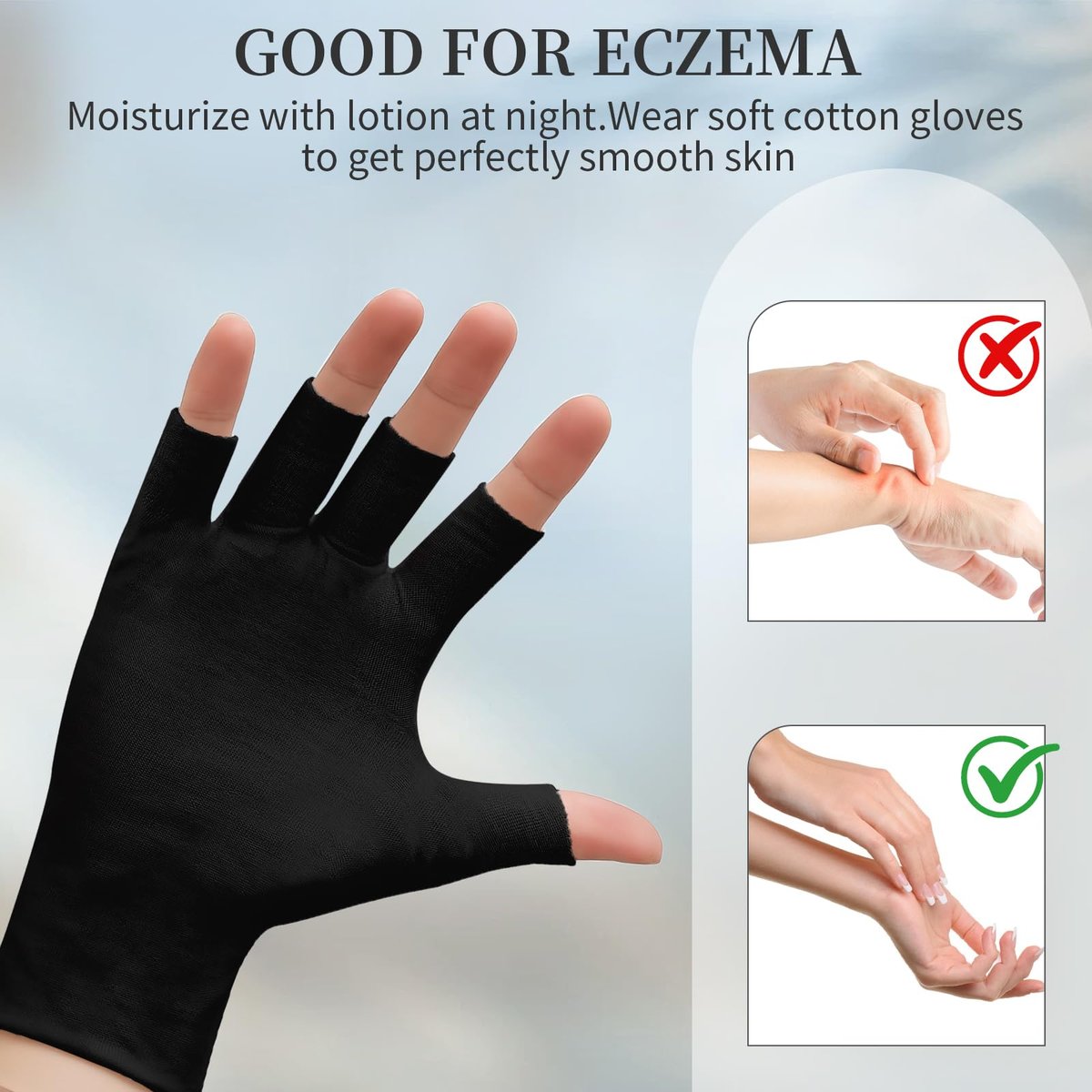 3 Pairs Fingerless Cotton Gloves, Black Moisturizing Gloves for Eczema, Cut 5 Fingertips Overnight Hydration for Dry Hands - görsel 7
