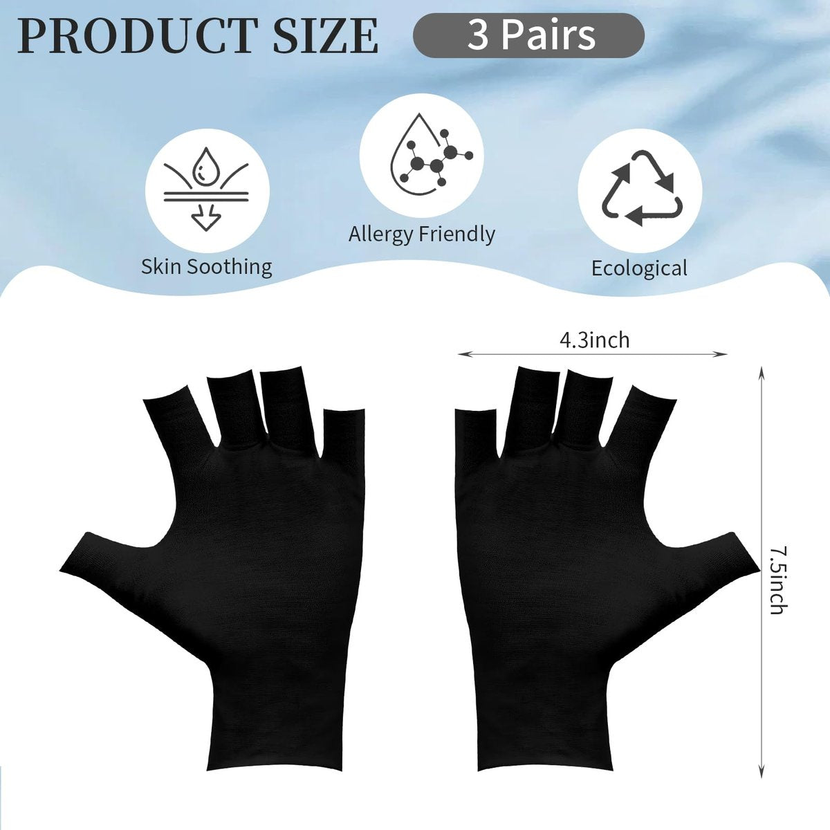 3 Pairs Fingerless Cotton Gloves, Black Moisturizing Gloves for Eczema, Cut 5 Fingertips Overnight Hydration for Dry Hands - görsel 3