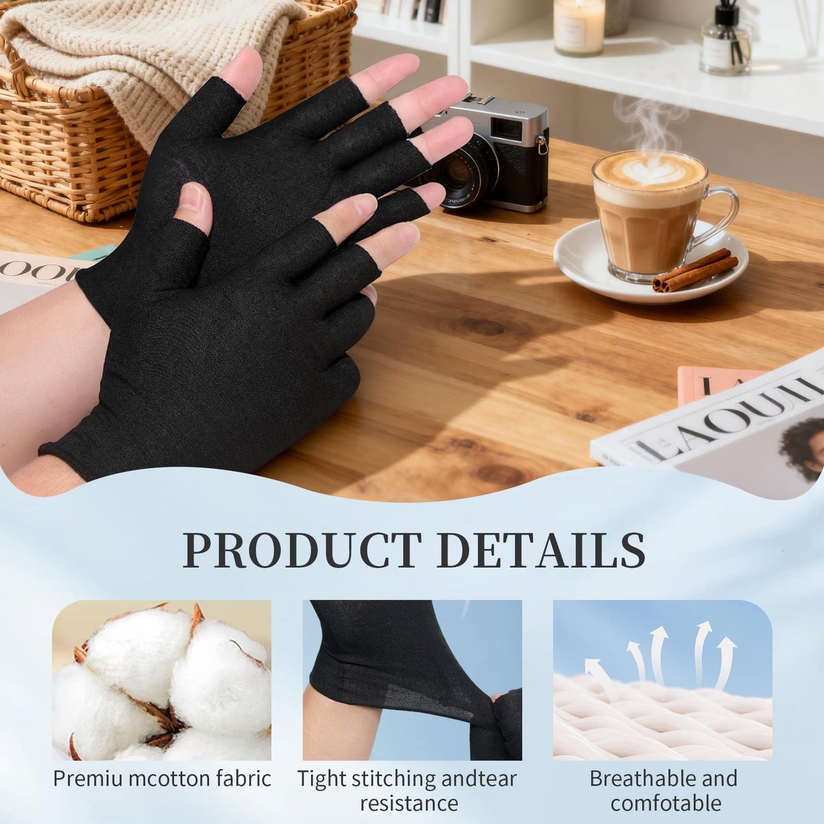 3 Pairs Fingerless Cotton Gloves, Black Moisturizing Gloves for Eczema, Cut 5 Fingertips Overnight Hydration for Dry Hands - görsel 5