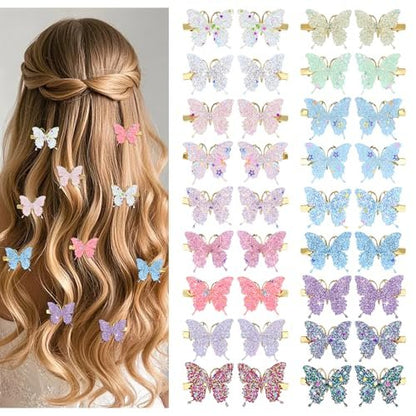 Dizila 36 Pieces / 18 Pairs 5.2 cm Y2K Fairy Glitter Sequin Butterfly Hair Clips for Girls Women - Multicolor Metal Barrettes