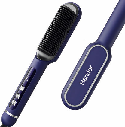 Upgraded Ionic Hair Straightener Brush - Fast Heating Straightening Comb with 9 Temp Settings, LED Display, Dual Voltage, Blue