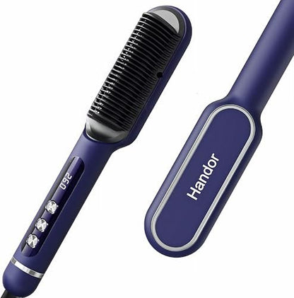 Upgraded Ionic Hair Straightener Brush - Fast Heating Straightening Comb with 9 Temp Settings, LED Display, Dual Voltage, Blue