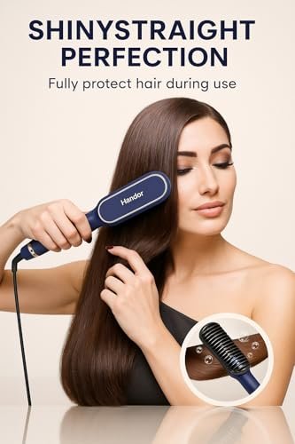 Upgraded Ionic Hair Straightener Brush - Fast Heating Straightening Comb with 9 Temp Settings, LED Display, Dual Voltage, Blue