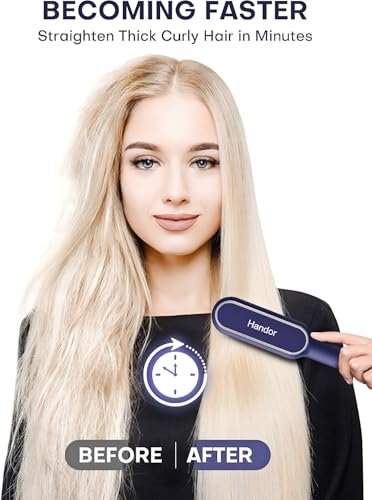Upgraded Ionic Hair Straightener Brush - Fast Heating Straightening Comb with 9 Temp Settings, LED Display, Dual Voltage, Blue