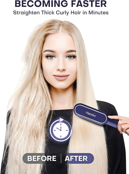 Upgraded Ionic Hair Straightener Brush - Fast Heating Straightening Comb with 9 Temp Settings, LED Display, Dual Voltage, Blue