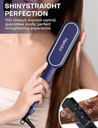 Upgraded Ionic Hair Straightener Brush - Fast Heating Straightening Comb with 9 Temp Settings, LED Display, Dual Voltage, Blue