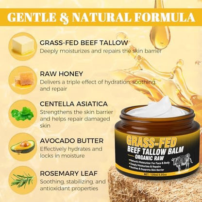 Wonshine Beef Tallow for Skin Cream – Grass-Fed Whipped Tallow & Honey Balm, Deep Nourishing Face Moisturizer 4.05 oz Avelisse