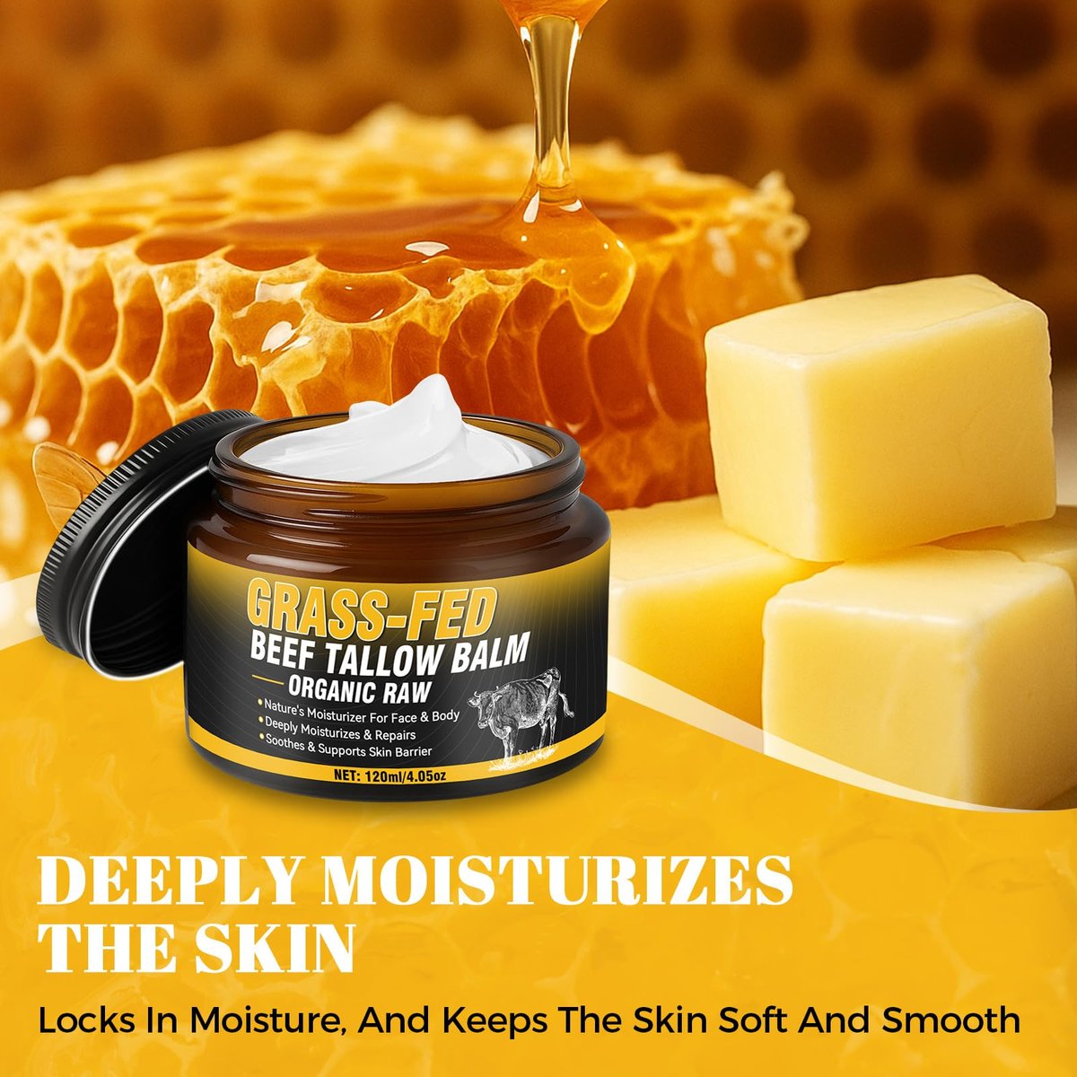 Wonshine Beef Tallow for Skin Cream – Grass-Fed Whipped Tallow & Honey Balm, Deep Nourishing Face Moisturizer 4.05 oz Avelisse