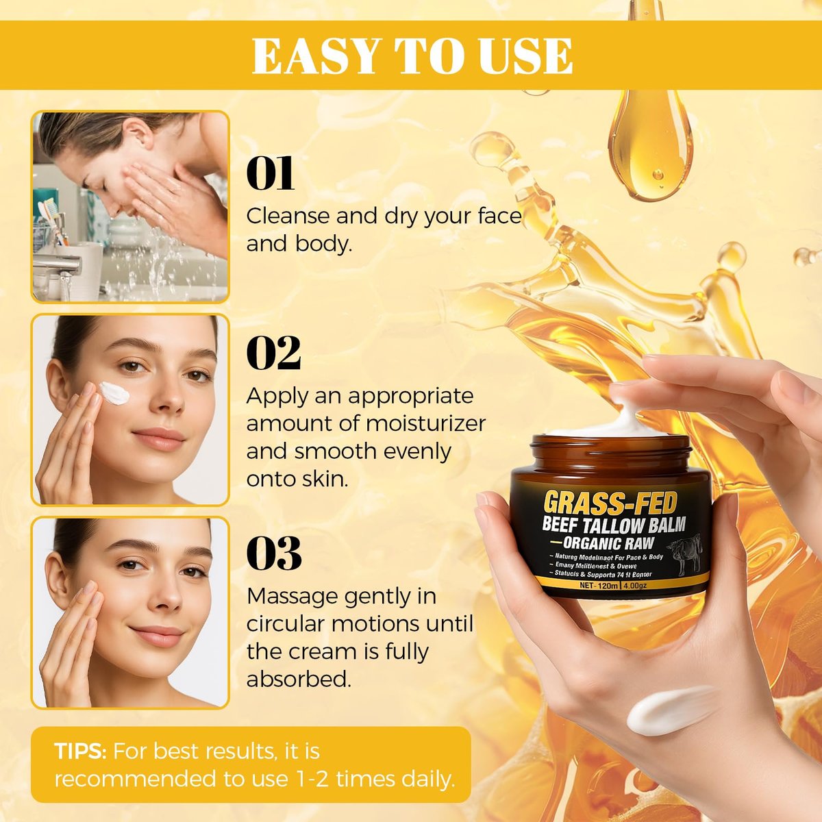 Wonshine Beef Tallow for Skin Cream – Grass-Fed Whipped Tallow & Honey Balm, Deep Nourishing Face Moisturizer 4.05 oz Avelisse