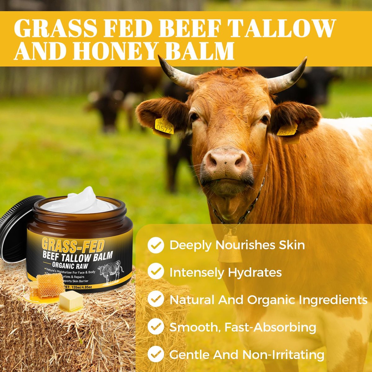 Wonshine Beef Tallow for Skin Cream – Grass-Fed Whipped Tallow & Honey Balm, Deep Nourishing Face Moisturizer 4.05 oz Avelisse