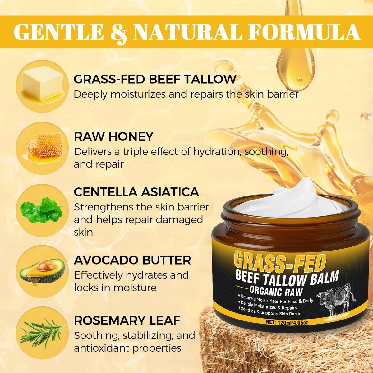 Wonshine Beef Tallow for Skin Cream – Grass-Fed Whipped Tallow & Honey Balm, Deep Nourishing Face Moisturizer 4.05 oz Avelisse