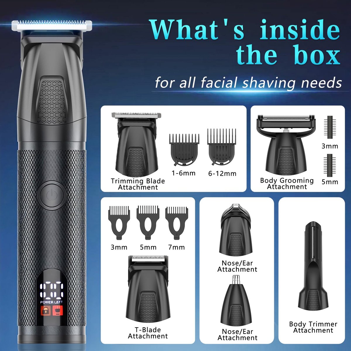 Bomxin Beard Trimmer for Men 6 in 1 Cordless Waterproof Electric Hair Clippers Mustache Body Face Trimmer All in One Grooming Kit with LED Display USB Rechargeable Avelisse