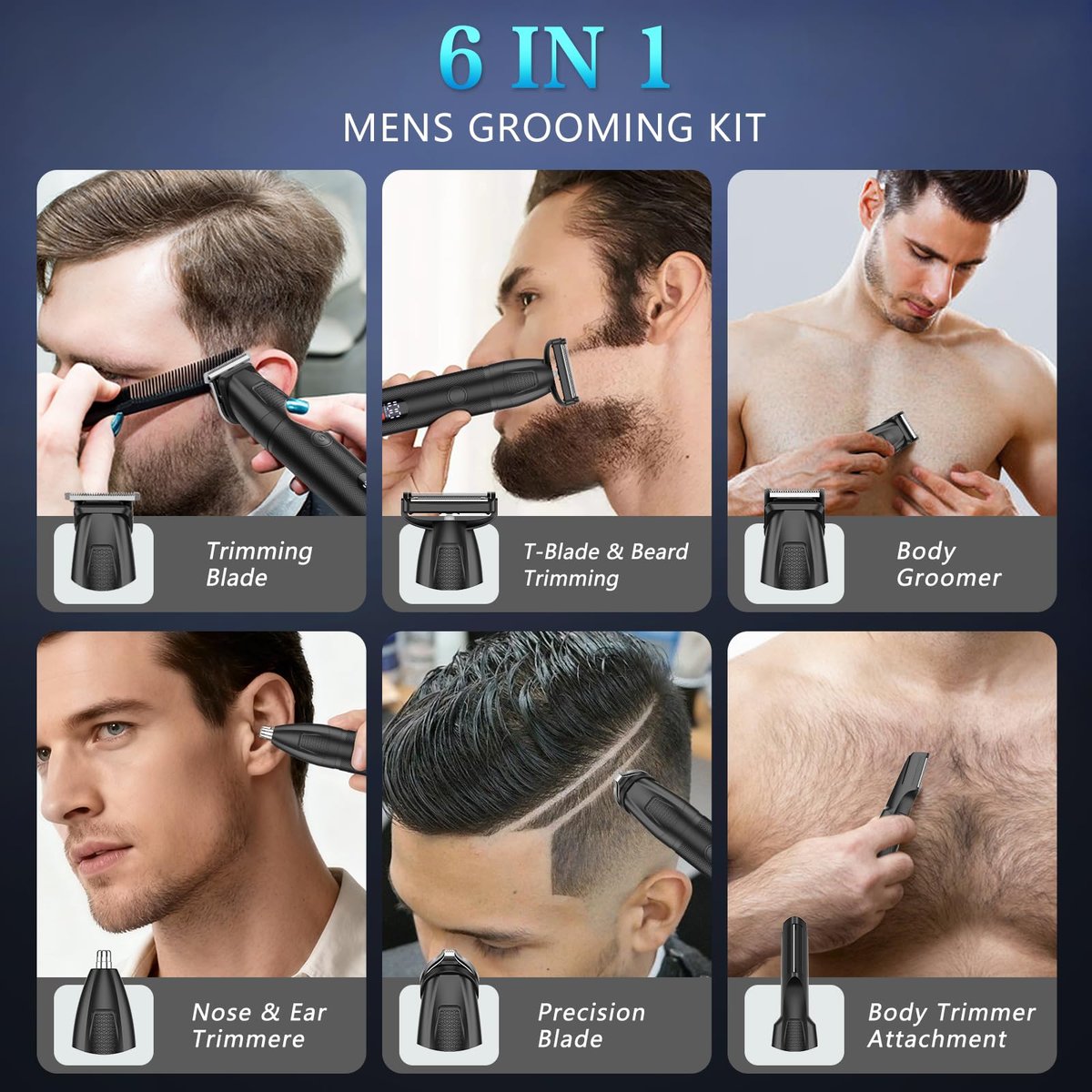 Bomxin Beard Trimmer for Men 6 in 1 Cordless Waterproof Electric Hair Clippers Mustache Body Face Trimmer All in One Grooming Kit with LED Display USB Rechargeable Avelisse