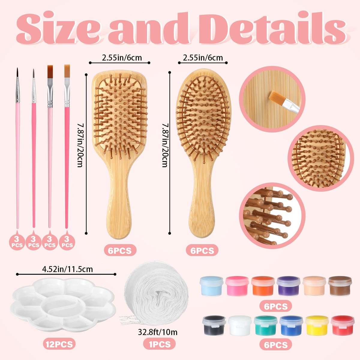 Acellegic 12 Set Bamboo Hairbrush Painting Kits - DIY Hand Painted Wooden Hairbrush Craft for Girls, Bulk Party Supplies with Paint Brushes & Palette Avelisse