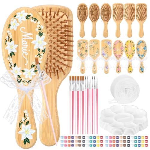 Acellegic 12 Set Bamboo Hairbrush Painting Kits - DIY Hand Painted Wooden Hairbrush Craft for Girls, Bulk Party Supplies with Paint Brushes & Palette Avelisse