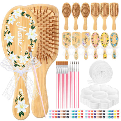 Acellegic 12 Set Bamboo Hairbrush Painting Kits - DIY Hand Painted Wooden Hairbrush Craft for Girls, Bulk Party Supplies with Paint Brushes & Palette Avelisse