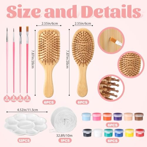 Acellegic 12 Set Bamboo Hairbrush Painting Kits - DIY Hand Painted Wooden Hairbrush Craft for Girls, Bulk Party Supplies with Paint Brushes & Palette Avelisse
