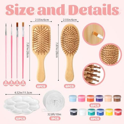 Acellegic 12 Set Bamboo Hairbrush Painting Kits - DIY Hand Painted Wooden Hairbrush Craft for Girls, Bulk Party Supplies with Paint Brushes & Palette Avelisse