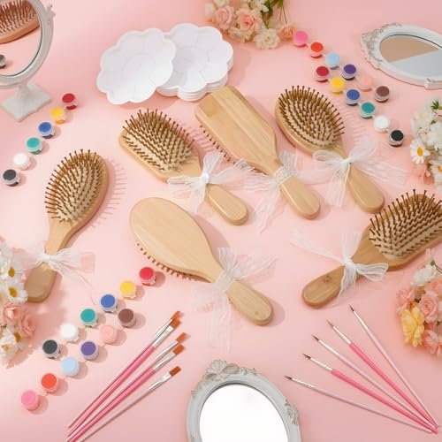 Acellegic 12 Set Bamboo Hairbrush Painting Kits - DIY Hand Painted Wooden Hairbrush Craft for Girls, Bulk Party Supplies with Paint Brushes & Palette Avelisse