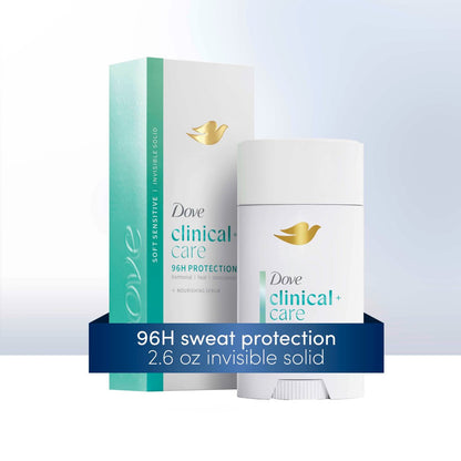 Dove Clinical + Care Antiperspirant Deodorant Invisible Solid Stick for Women, Clean Soft, for Sensitive Skin, Hypoallergenic, 2.6 oz