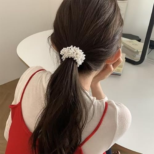 Cream White Pearl Hair Scrunchies - 2 Pack Beaded Ponytail Holders for Women Avelisse