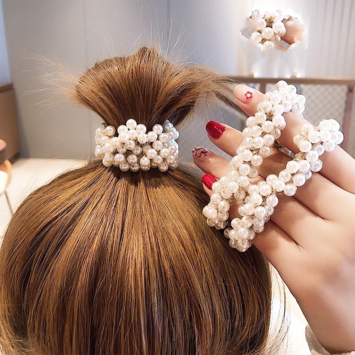 Cream White Pearl Hair Scrunchies - 2 Pack Beaded Ponytail Holders for Women Avelisse