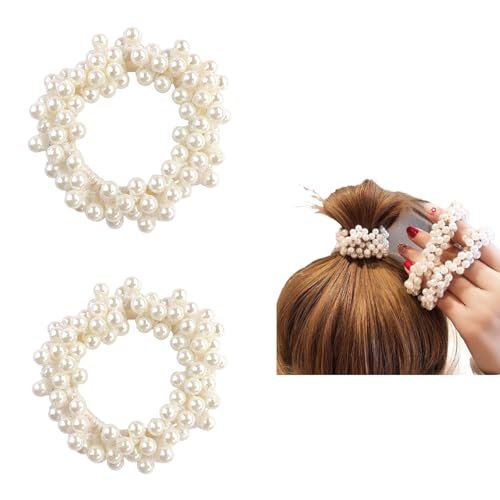 Cream White Pearl Hair Scrunchies - 2 Pack Beaded Ponytail Holders for Women Avelisse