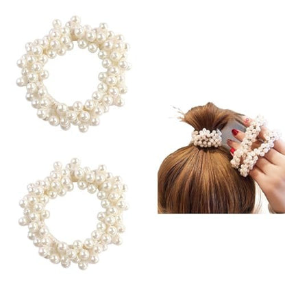 Cream White Pearl Hair Scrunchies - 2 Pack Beaded Ponytail Holders for Women Avelisse