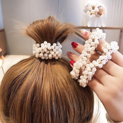 Cream White Pearl Hair Scrunchies - 2 Pack Beaded Ponytail Holders for Women Avelisse