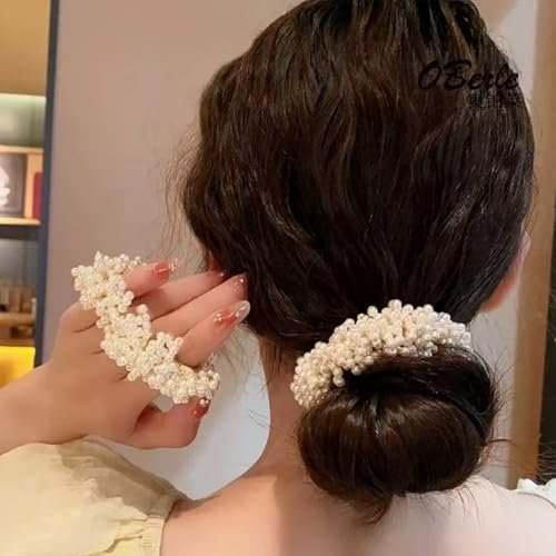 Cream White Pearl Hair Scrunchies - 2 Pack Beaded Ponytail Holders for Women Avelisse