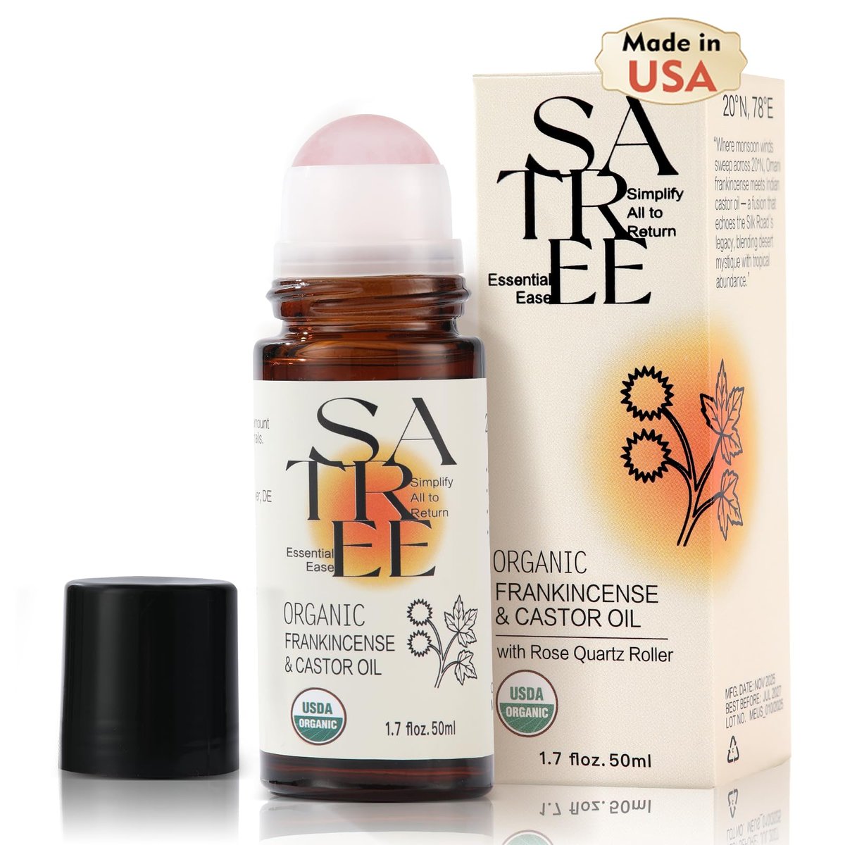 SATREE Organic Castor & Frankincense Oil Roll-On with Rose Quartz Rollerball - USDA Certified Essential Blend for Face & Body, Anti-Aging, Dark Circles (1.7 fl oz) Avelisse