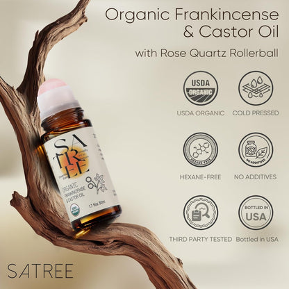 SATREE Organic Castor & Frankincense Oil Roll-On with Rose Quartz Rollerball - USDA Certified Essential Blend for Face & Body, Anti-Aging, Dark Circles (1.7 fl oz) Avelisse
